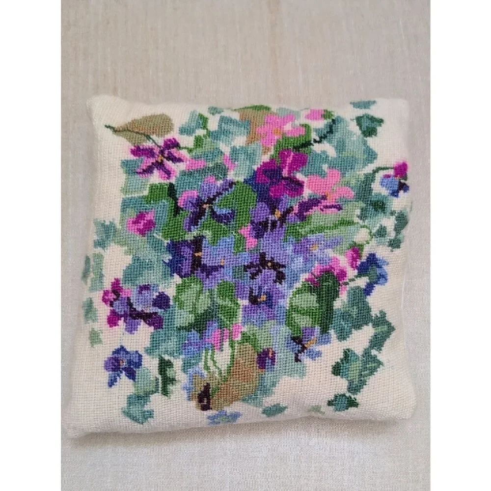 Vintage Floral Needlepoint Pillow - Purple, Pink & Green Violets